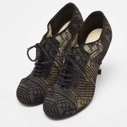 Chanel Black Lace and Suede Lace Up Ankle Booties Size 37