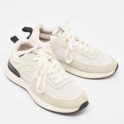 Pre Owned Chanel White/Grey Mesh and Suede CC Low Top Sneakers Size 35