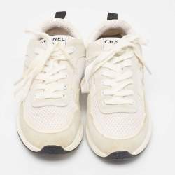 Pre Owned Chanel White/Grey Mesh and Suede CC Low Top Sneakers Size 35