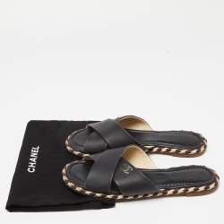 Pre Owned Chanel Black Leather Braided Trim Criss Cross CC Flat Slides Size 37