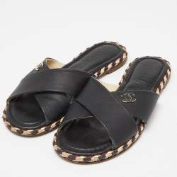 Pre Owned Chanel Black Leather Braided Trim Criss Cross CC Flat Slides Size 37