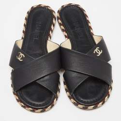 Pre Owned Chanel Black Leather Braided Trim Criss Cross CC Flat Slides Size 37