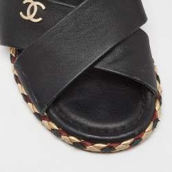 Pre Owned Chanel Black Leather Braided Trim Criss Cross CC Flat Slides Size 37