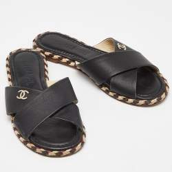 Pre Owned Chanel Black Leather Braided Trim Criss Cross CC Flat Slides Size 37