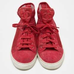 Chanel Red Suede and Mesh High Top Sneakers Size 41.5