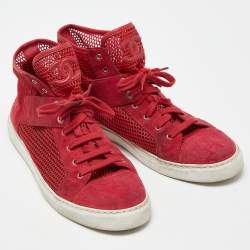 Chanel Red Suede and Mesh High Top Sneakers Size 41.5