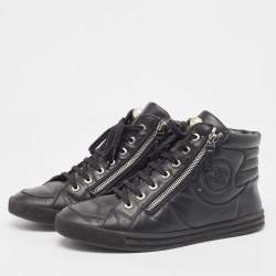 Chanel Black Leather CC High Top Sneakers Size 38.5 