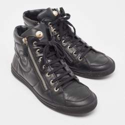 Chanel Black Leather CC High Top Sneakers Size 38.5 