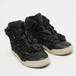 Chanel Black Leather Camelia High Top Sneakers Size 38.5