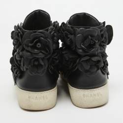Chanel Black Leather Camelia High Top Sneakers Size 38.5