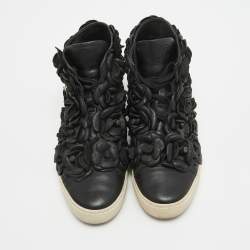 Chanel Black Leather Camelia High Top Sneakers Size 38.5