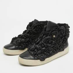 Chanel Black Leather Camelia High Top Sneakers Size 38.5