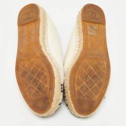 Pre Owned Chanel Cream/Black Knit Fabric CC Logo Espadrilles Flats Size 38