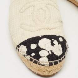 Pre Owned Chanel Cream/Black Knit Fabric CC Logo Espadrilles Flats Size 38