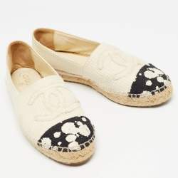 Pre Owned Chanel Cream/Black Knit Fabric CC Logo Espadrilles Flats Size 38