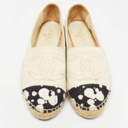 Pre Owned Chanel Cream/Black Knit Fabric CC Logo Espadrilles Flats Size 38