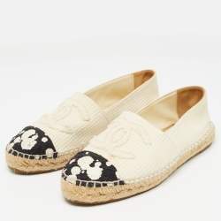Pre Owned Chanel Cream/Black Knit Fabric CC Logo Espadrilles Flats Size 38