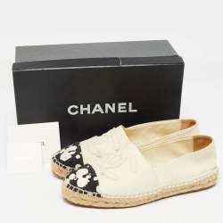 Pre Owned Chanel Cream/Black Knit Fabric CC Logo Espadrilles Flats Size 38