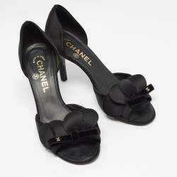 Pre Owned Chanel Black Satin Floral Applique CC Bow D'orsay Pumps Size 36.5