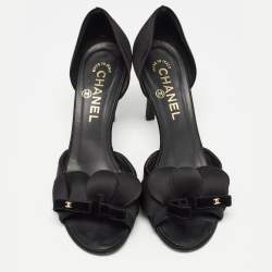 Pre Owned Chanel Black Satin Floral Applique CC Bow D'orsay Pumps Size 36.5