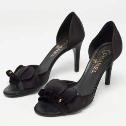 Pre Owned Chanel Black Satin Floral Applique CC Bow D'orsay Pumps Size 36.5