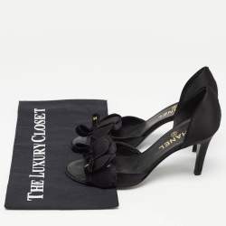 Pre Owned Chanel Black Satin Floral Applique CC Bow D'orsay Pumps Size 36.5