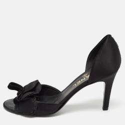 Pre Owned Chanel Black Satin Floral Applique CC Bow D'orsay Pumps Size 36.5
