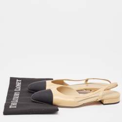 Pre Owned Chanel Beige/Black Leather and Fabric Cap Toe CC Slingback Flats Size 39