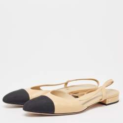 Pre Owned Chanel Beige/Black Leather and Fabric Cap Toe CC Slingback Flats Size 39