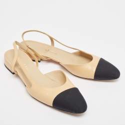 Pre Owned Chanel Beige/Black Leather and Fabric Cap Toe CC Slingback Flats Size 39