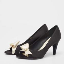 Chanel Black/White Satin Pearl Embellished Bow Peep Toe Pumps Size 37