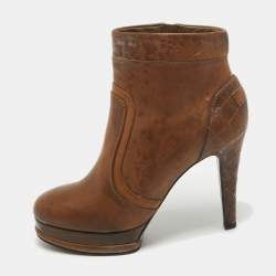 Chanel Brown Quilted Leather Zip Platform Ankle Boots Size 40 