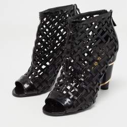 Pre Owned Chanel Black Patent Leather Open Toe Cage Ankle Boots Size 40