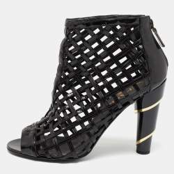 Pre Owned Chanel Black Patent Leather Open Toe Cage Ankle Boots Size 40