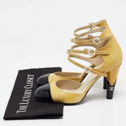 Pre Owned Chanel Beige/Black Patent Camellia Ankle Strap Pumps Size 38.5   