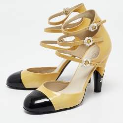 Pre Owned Chanel Beige/Black Patent Camellia Ankle Strap Pumps Size 38.5   