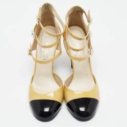 Pre Owned Chanel Beige/Black Patent Camellia Ankle Strap Pumps Size 38.5   