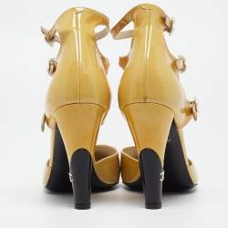 Pre Owned Chanel Beige/Black Patent Camellia Ankle Strap Pumps Size 38.5   