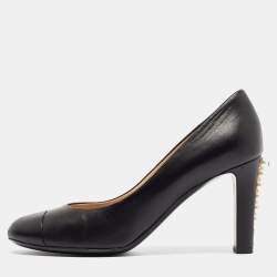 Pre Owned Chanel Black Leather Faux Pearl Embellished Heel Cap Toe Pumps Size 38.5