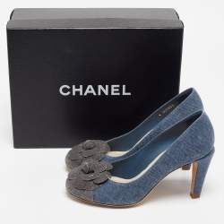 Pre Owned Chanel Blue/Grey Denim Camelia Cap Toe Pumps Size 38.5