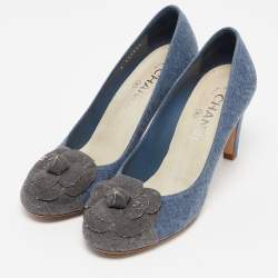 Pre Owned Chanel Blue/Grey Denim Camelia Cap Toe Pumps Size 38.5