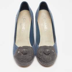 Pre Owned Chanel Blue/Grey Denim Camelia Cap Toe Pumps Size 38.5