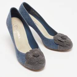 Pre Owned Chanel Blue/Grey Denim Camelia Cap Toe Pumps Size 38.5