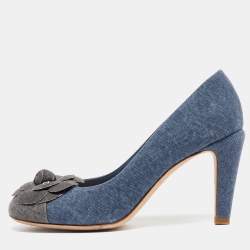 Pre Owned Chanel Blue/Grey Denim Camelia Cap Toe Pumps Size 38.5