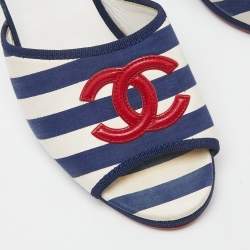 مملوكة مسبقًا Chanel Blue/White Stripe Fabric CC Slide Wedge Sandals Size 39.5