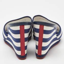 مملوكة مسبقًا Chanel Blue/White Stripe Fabric CC Slide Wedge Sandals Size 39.5