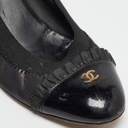 Pre Owned Chanel Black Leather And Elastic Cap Toe Pumps Size 37