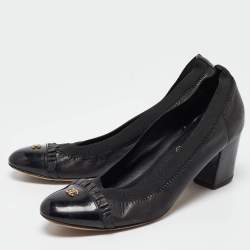 Pre Owned Chanel Black Leather And Elastic Cap Toe Pumps Size 37