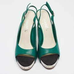 Chanel Green Leather Slingback Slingback Sandals Size 38