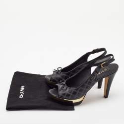 Chanel Black Leather Peep Toe Slingback Pumps Size 37.5     